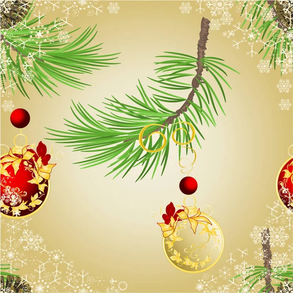 シームレスなテクスチャクリスマスと新年の装飾枝クリスマスツリーのお祝いのポインセチアと黄金と赤のボールヴィンテージベクトルイラスト編集可能な手描き — ストックベクタ
