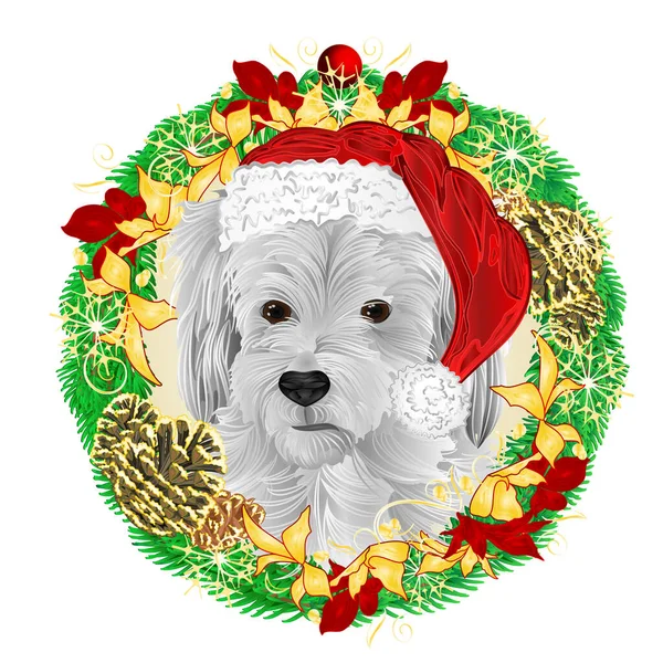 Glücklicher Hund Weihnachtsmütze Weihnachten Und Neujahr Kranz Dekoration Rot Und — Stockvektor