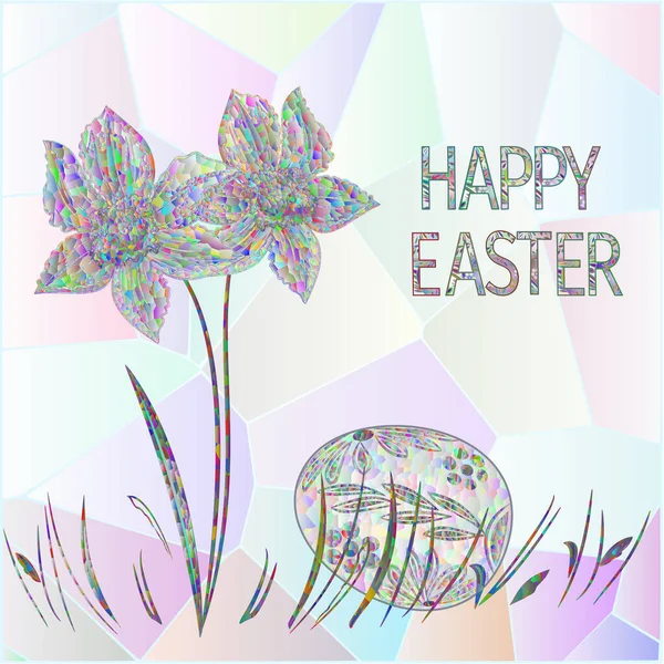 Happy Easter Easter Egg Daffodil Grass Multicolored Polygons Vector Ilustração —  Vetores de Stock