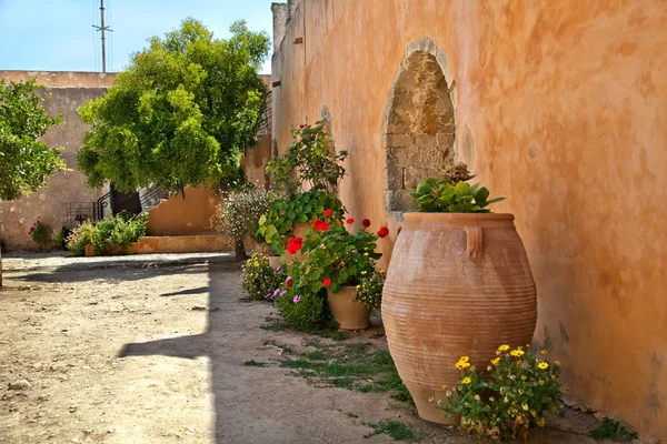 Blumen auf dem Hintergrund der alten Hauswand. Griechenland. Beton — Stockfoto