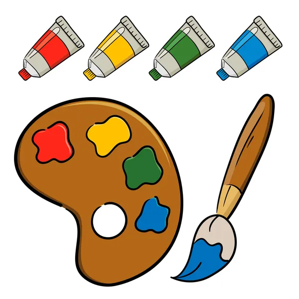 Paleta de pintura con pinceles y tubos de pintura — Vector de stock