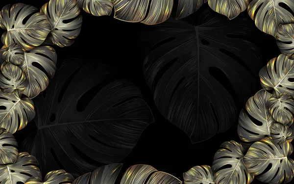 Black Gold Tropical Leaves Dark Marble Background Luxury Exotic Botanical — Stock Photo, Image