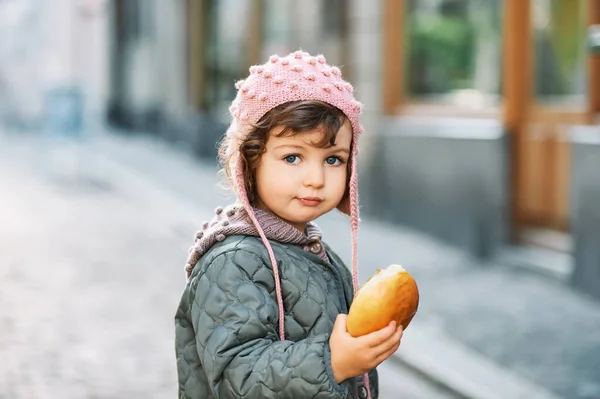 Outdoor Portrait Cute Toddler Girl Holding Milk Bread Bun Wearing — Stock Photo, Image