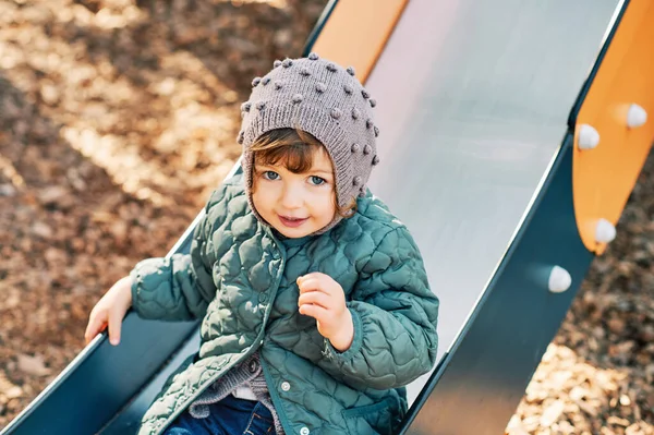 Adorable Toddler Girl Having Fun Playground Wearing Warm Jacket — Stock Photo, Image