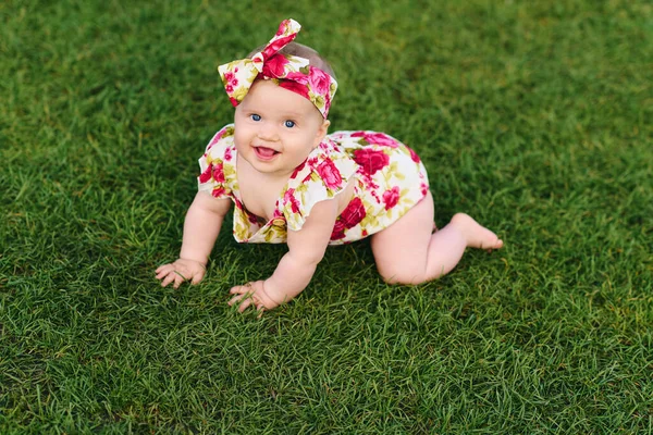 屋外ポートレートの可愛いです6ヶ月赤ちゃん女の子遊びで夏公園 子供クロール上の新鮮な緑の芝生 — ストック写真