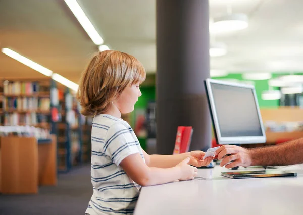 Portrait Cute Little Boy Taking Books Library Giving Membership Card — Stock Photo, Image