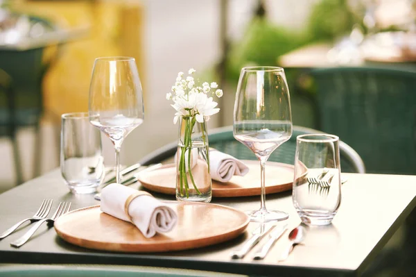 Outdoor Restaurant Terrace Served Table Small Cosy Vase White Flowers Stock Picture