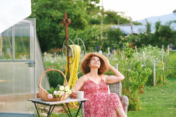 Outdoor Portrait Beautiful Mature Woman Resting Summer Garden Sitting Cosy Stock Picture