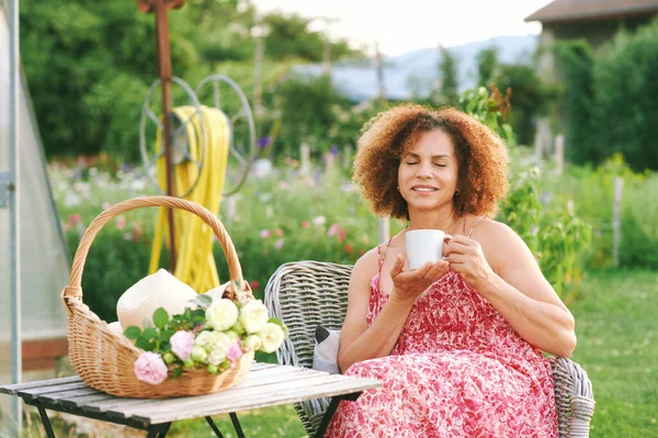 Outdoor Portrait Beautiful Mature Woman Resting Summer Garden Sitting Cosy Royalty Free Stock Images