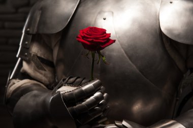 Knight in armor holding red rose clipart