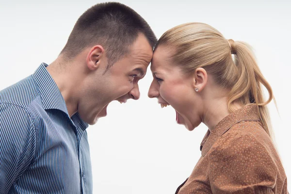 Colleagues fighting each other with foreheads together — Stock Photo, Image