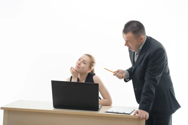 Colleagues discussing something sitting by computer — Stock Photo, Image