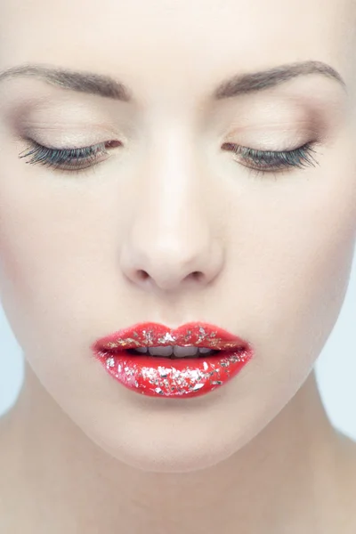 Lips of young blonde woman with vogue shining sparkle — Stock Photo, Image