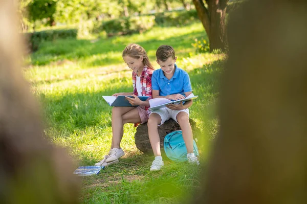 Menina e menino envolvidos na leitura no parque — Fotografia de Stock
