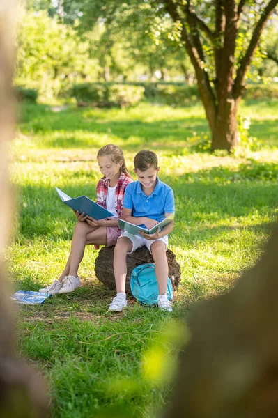 Menino e menina lendo no toco da árvore no parque — Fotografia de Stock