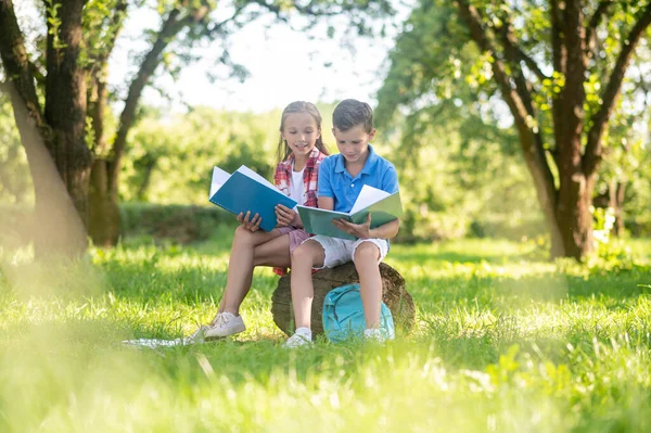 Güneşli bir günde parkta kitap okuyan mutlu çocuklar. — Stok fotoğraf