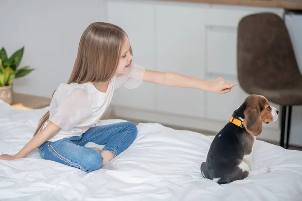 Egy hosszú hajú lány játszik a kiskutyájával az ágyon. — Stock Fotó