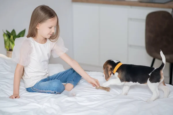 Uma menina de cabelos longos brincando com seu filhote na cama — Fotografia de Stock