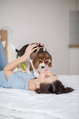 Küçük sevimli köpeğini kucağında tutan genç bir kadın kendini huzurlu hissediyor.