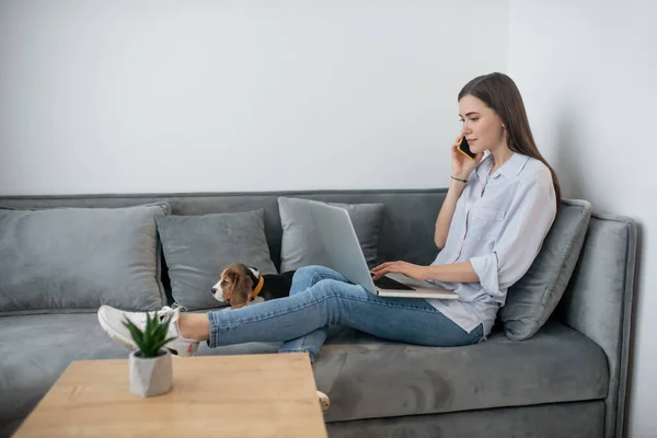 Young dark-haired woman sitting with a puppy and talking on the phone — Stock Photo, Image