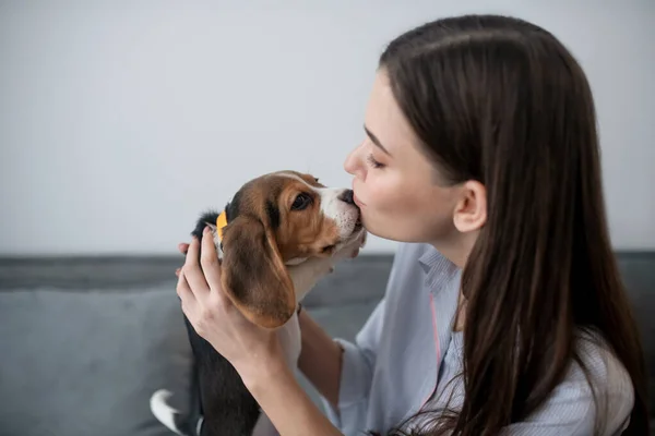 Evcil hayvan sahibi ve küçük sevimli bir köpek yavrusu. — Stok fotoğraf