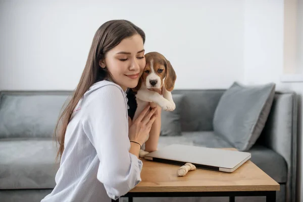En bild på en ung kvinna med en söt liten beagle — Stockfoto