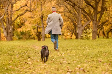Sonbahar parkında evcil hayvanıyla genç bir adam.