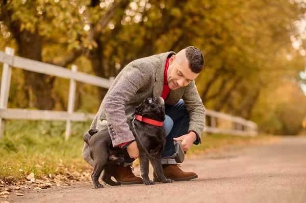 En man med hund i höstparken — Stockfoto