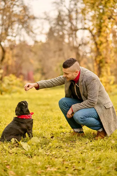 Ένας άντρας εκπαιδεύει τον σκύλο του στο πάρκο. — Φωτογραφία Αρχείου