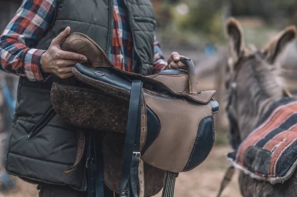 En man som sätter en sadel på en åsna tillbaka — Stockfoto
