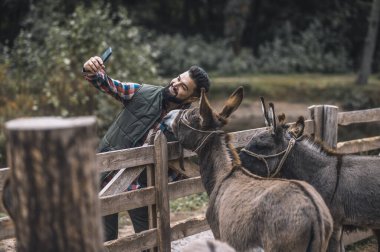 Neşeli çiftçi eşeklerle selfie yapıyor.