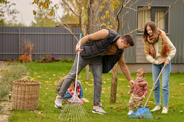 Family with rake cleaning leaves in garden — Fotografia de Stock