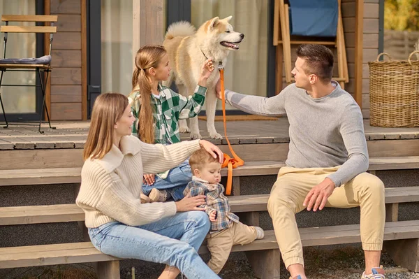 Girl and man touching dog and woman with child — Foto de Stock