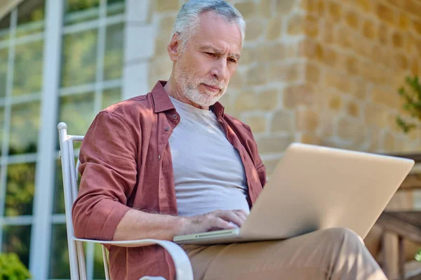 Gray-haired man sitting in a armchair and reading something online — 스톡 사진