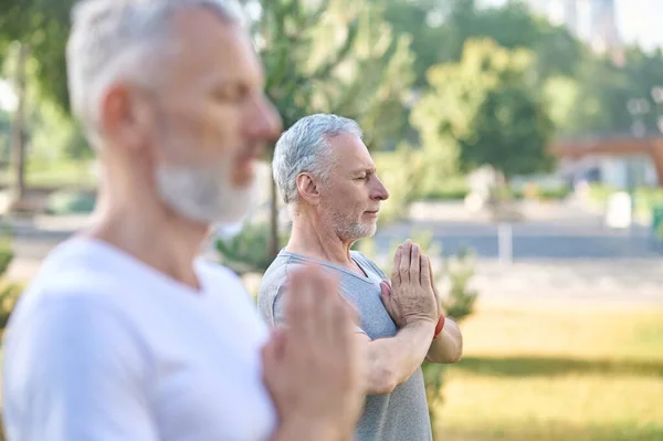 Lidé středního věku mají hodinu jógy v parku — Stock fotografie