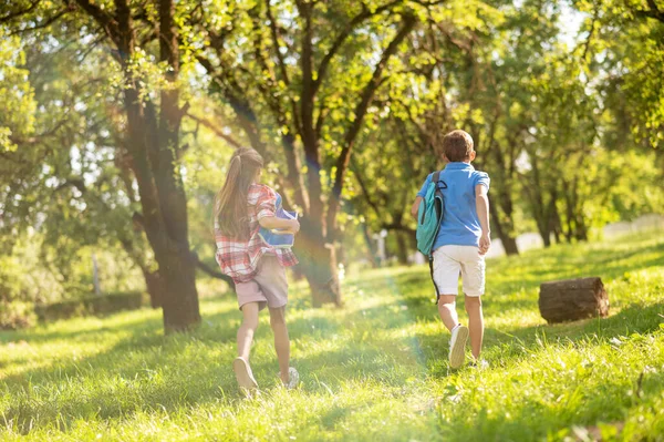 Niños caminando en el parque con la espalda a la cámara —  Fotos de Stock