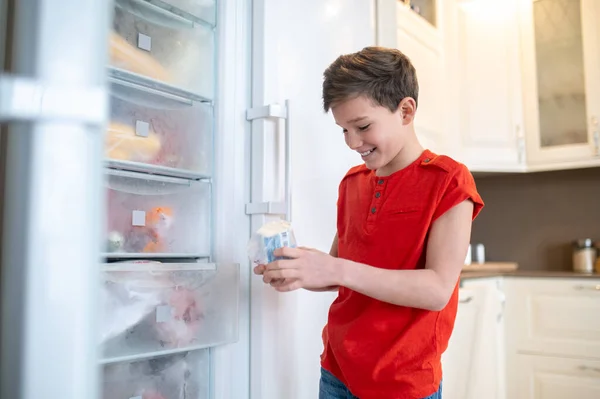 Criança alegre selecionando produtos congelados da geladeira — Fotografia de Stock