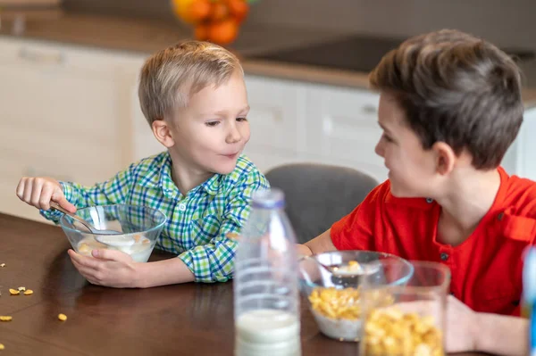 Dvě bělošské děti jedí k snídani cereálie — Stock fotografie