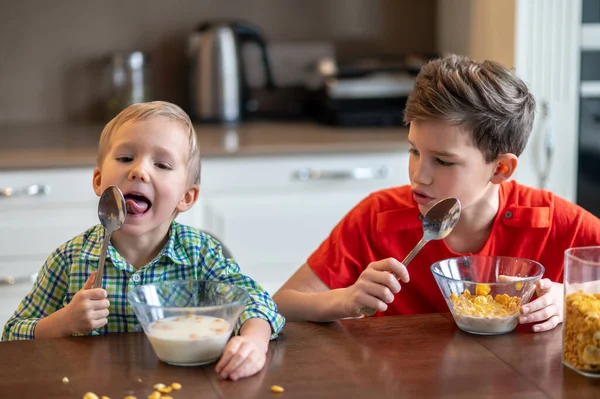 Duas crianças sentadas em tigelas de cereais de pequeno-almoço — Fotografia de Stock