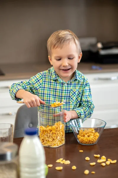 Konzentrierte süße Kind macht seine morgendliche Mahlzeit — Stockfoto