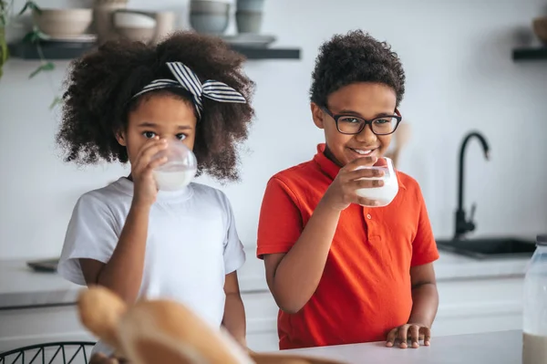 Dos hermanos en la cocina tomando leche para el desayuno — Foto de Stock