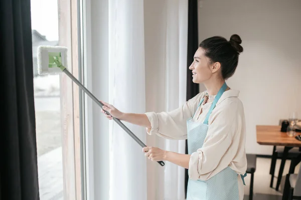 Jonge donkerharige vrouw die het raam schoonmaakt — Stockfoto