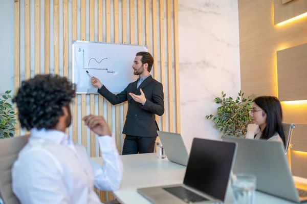 Young businessperson telling about the income curve to his colleagues — Stockfoto