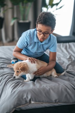 Yavru köpekle oynayan ve ilgili görünen bir çocuk.
