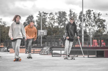 Kız ve iki erkek parkta kaykay sürüyor.