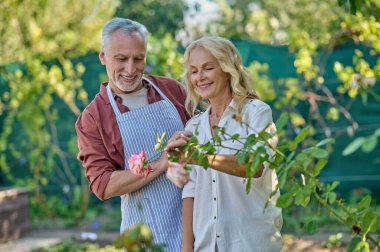 Kadın erkeğin çalılıklarda güldüğünü gösteriyor