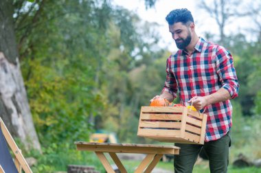 Ekose gömlekli çiftçi sebzeleri sıralıyor ve pozitif görünüyor.