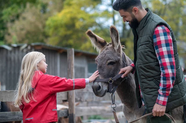 Pai e filha na fazenda de gado com um burro — Fotografia de Stock