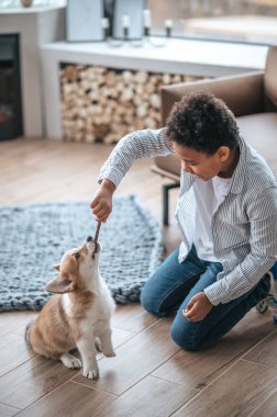 Oynuyorum. Sopa tutan ve köpek yavrusuyla oynayan bir çocuk.