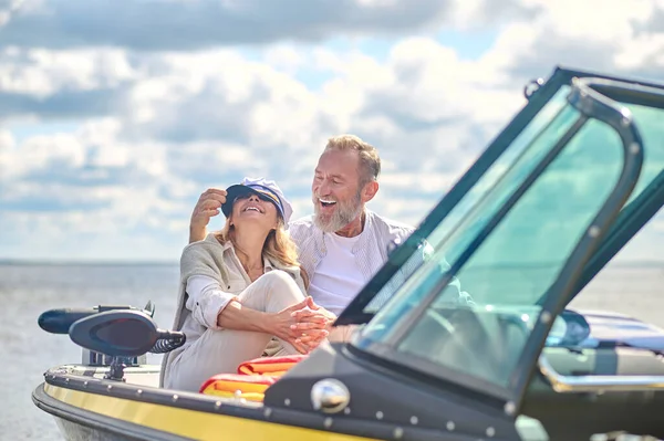 Romantic Moments Happy Mature Couple Sitting Boat Hugging — Stock Photo, Image